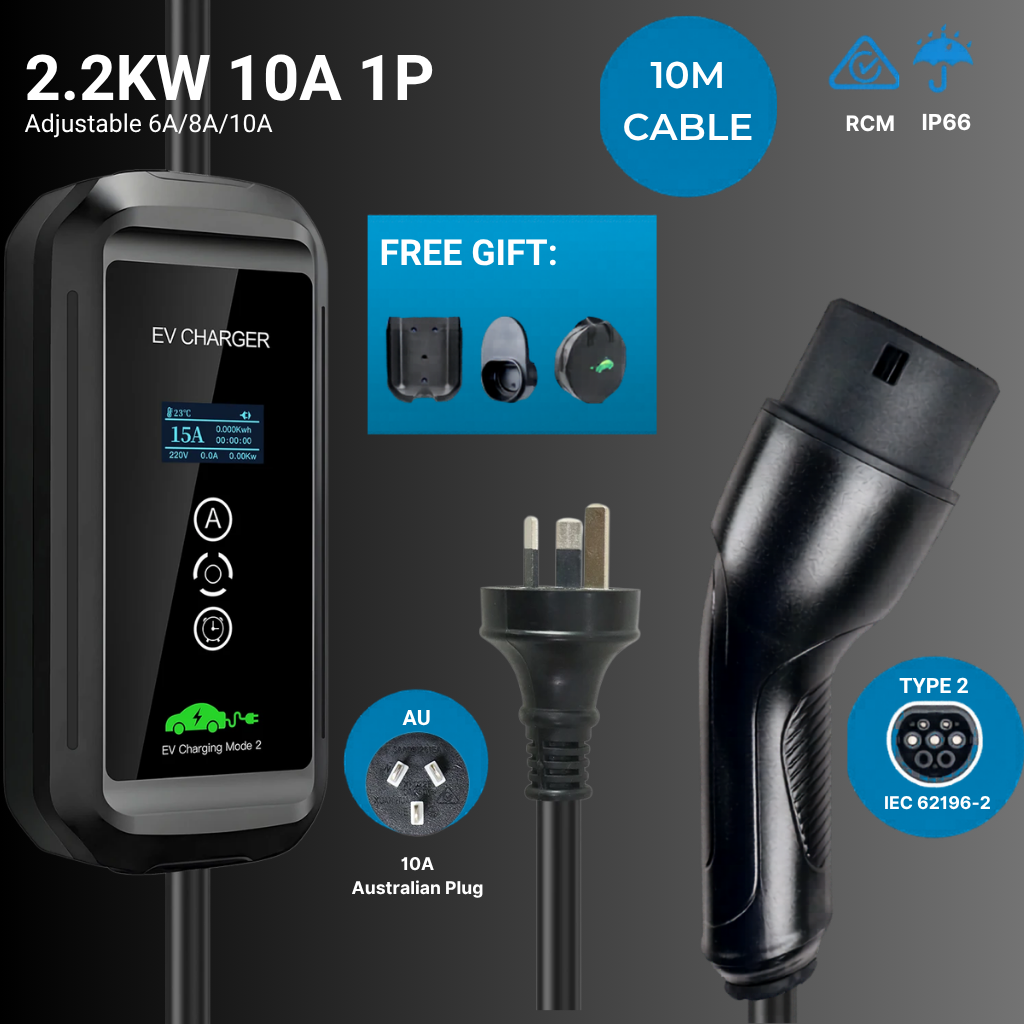 EV Supply Hub 2.2kW Type 2 Portable EV Charger – Adjustable 6–10A (5–10m)