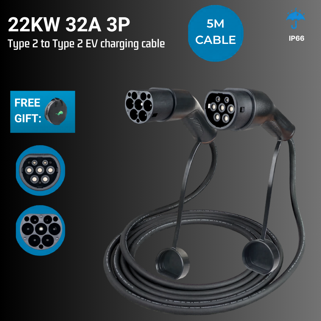 EV Supply Hub Type 2 to Type 2 EV Charging Cable – 32A 22kW (5m & 10m)