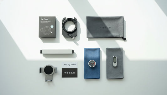 Collection of essential EV accessories including Type 2 cable, portable charger, organiser and cleaning kit.