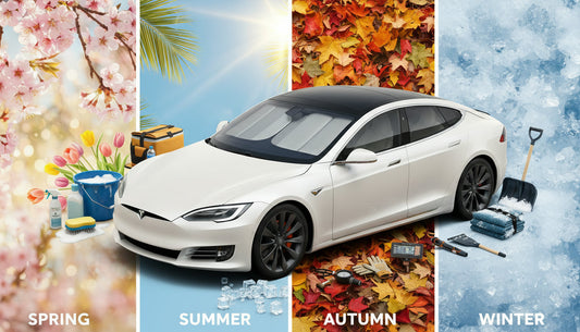 Electric vehicle shown across four seasons, representing seasonal EV maintenance and care.