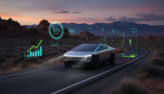 Electric vehicle driving on an open road, illustrating factors that affect EV battery range.
