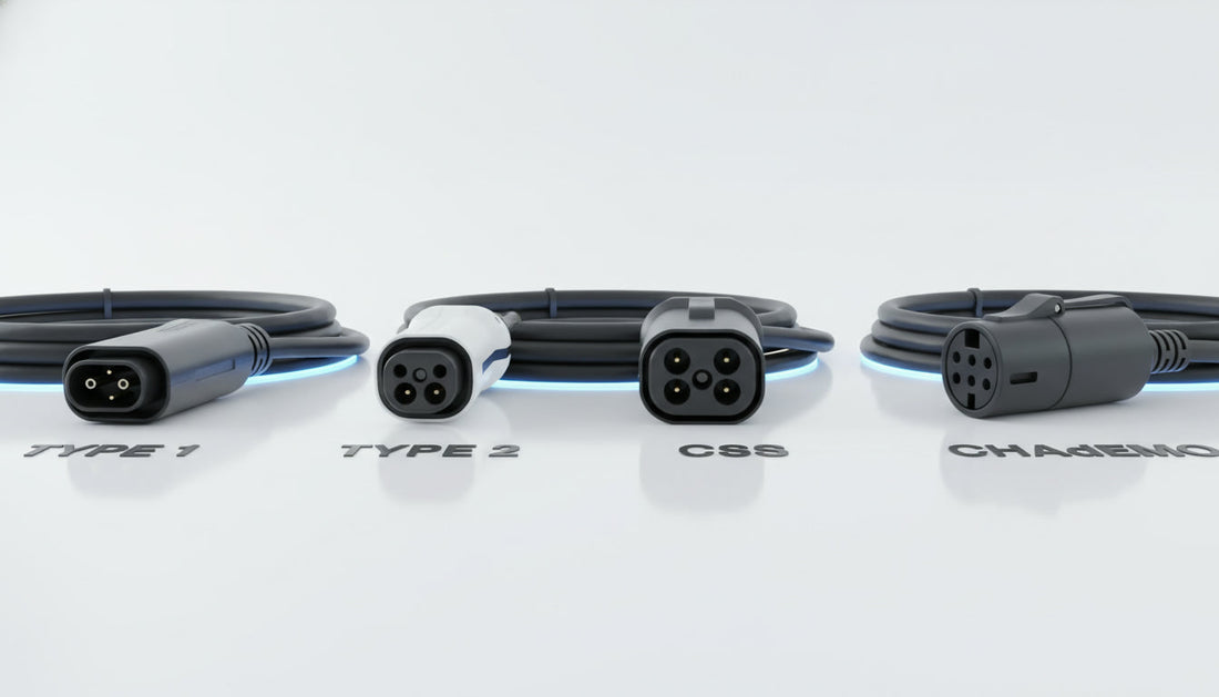 EV charging cables including Type 2, CCS2 and CHAdeMO connectors laid out on a clean surface.