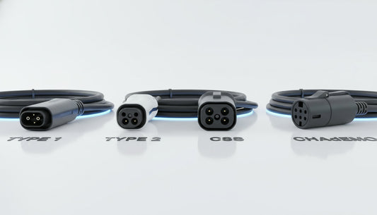 EV charging cables including Type 2, CCS2 and CHAdeMO connectors laid out on a clean surface.