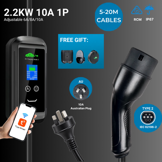 EV Supply Hub 2.2kW Smart EV Charger – Adjustable 6–10A Type 2 Portable EVSE with Tuya App (5–20m)