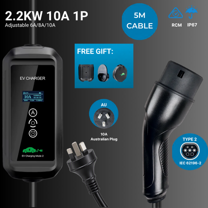 EV Supply Hub 2.2kW Type 2 Portable EV Charger – Adjustable 6–10A (5–10m)