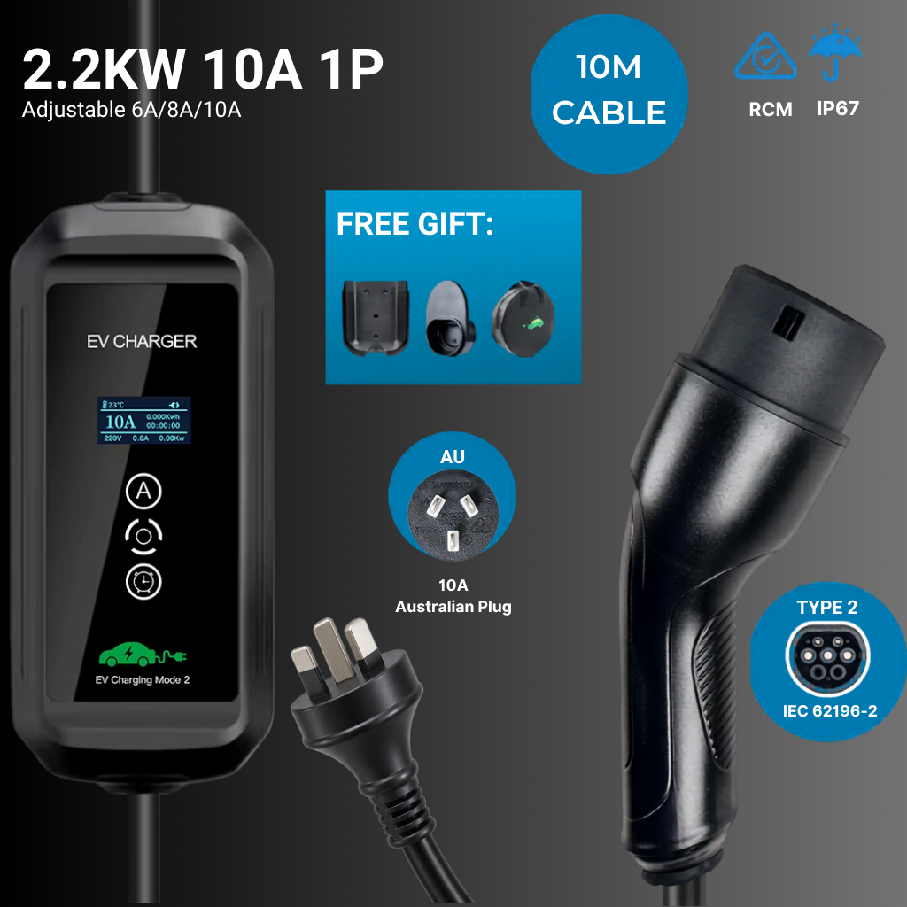 EV Supply Hub 2.2kW Type 2 Portable EV Charger – Adjustable 6–10A (5–10m)