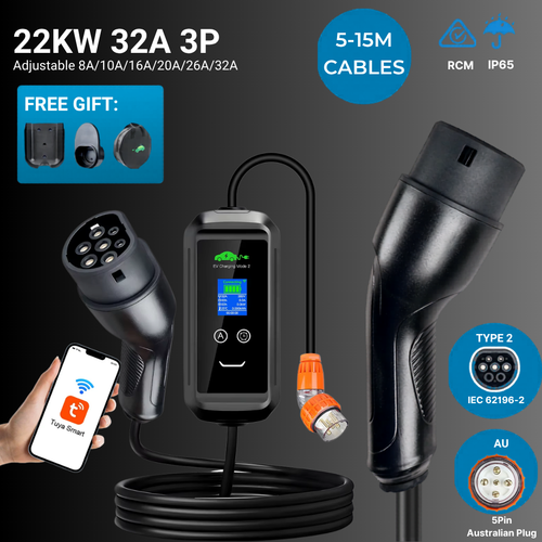 EV Supply Hub 22kW Three‑Phase Type 2 Portable EV Charger – Wi‑Fi Smart Control AUNZ EVSE (5–15m)