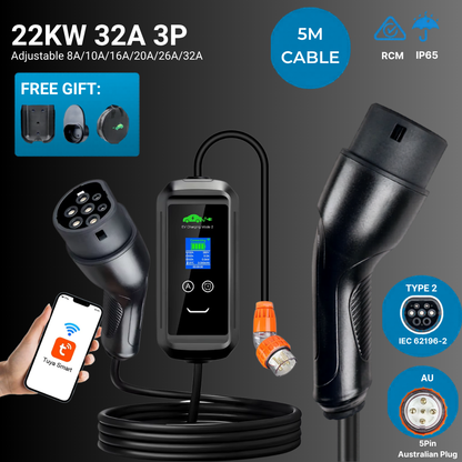 EV Supply Hub 22kW Three‑Phase Type 2 Portable EV Charger – Wi‑Fi Smart Control AUNZ EVSE (5–15m)