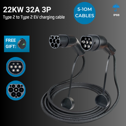 EV Supply Hub Type 2 to Type 2 EV Charging Cable – 32A 22kW (5m & 10m)