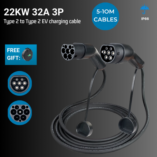 EV Supply Hub Type 2 to Type 2 EV Charging Cable – 32A 22kW (5m & 10m)