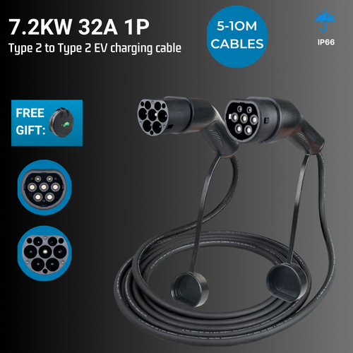 EV Supply Hub Type 2 to Type 2 EV Charging Cable – 32A 7.2kW (5m & 10m)