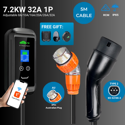 EV Supply Hub 7.2kW Smart EV Charger – Type 2 Portable EVSE with Tuya Wi‑Fi App Control (5-15m)