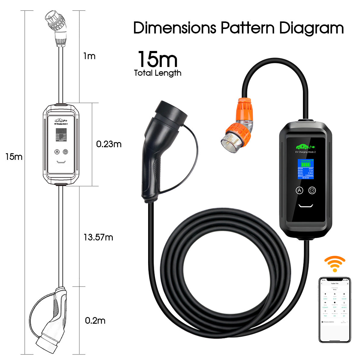 7.2kW Smart Type 2 Portable EV Charger – 32A Single-Phase with Tuya App (5-15m)