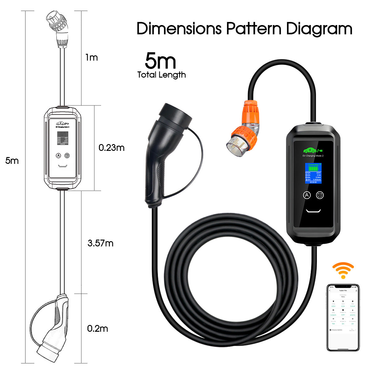 7.2kW Smart Type 2 Portable EV Charger – 32A Single-Phase with Tuya App (5-15m)