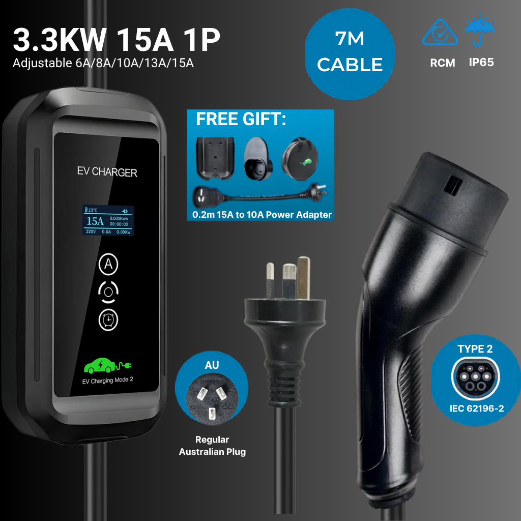 EV Supply Hub 3.3kW Type 2 Portable EV Charger – Adjustable 6–15A (5–20m)