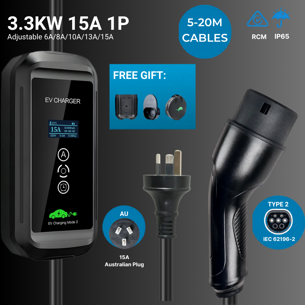 EV Supply Hub 3.3kW Type 2 Portable EV Charger – Adjustable 6–15A (5–20m)