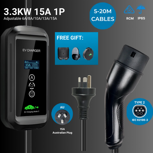 EV Supply Hub 3.3kW Type 2 Portable EV Charger – Adjustable 6–15A (5–20m)