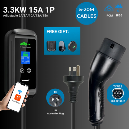 EV Supply Hub 3.3kW Smart EV Charger – Adjustable 6–15A Type 2 Portable EVSE with Tuya App (5–20m)