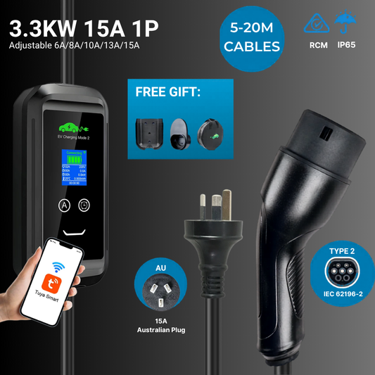EV Supply Hub 3.3kW Smart EV Charger – Adjustable 6–15A Type 2 Portable EVSE with Tuya App (5–20m)