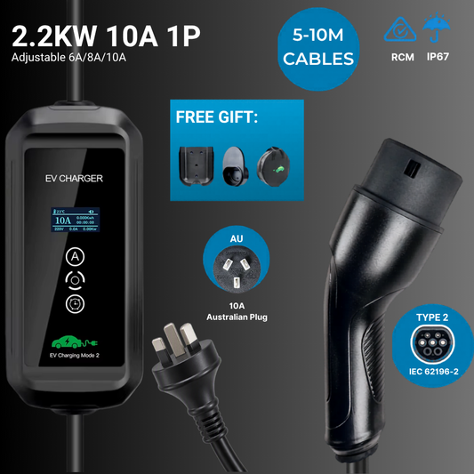 EV Supply Hub 2.2kW Type 2 Portable EV Charger – Adjustable 6–10A (5–10m)